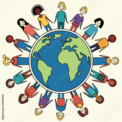 Over Population vector illustration with globe, earth and group of colorful diverse people - World Population Day