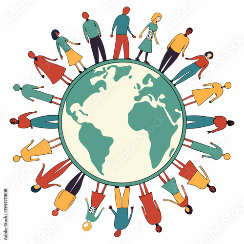 Over Population vector illustration with globe, earth and group of colorful diverse people - World Population Day