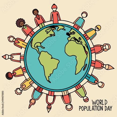 Over Population vector illustration with globe, earth and group of colorful diverse people - World Population Day