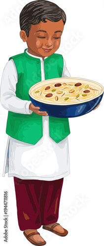 A young boy holds a bowl of food in a traditional outfit indoors.
