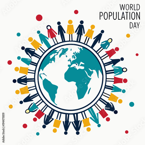 Over Population vector illustration with globe, earth and group of colorful diverse people - World Population Day