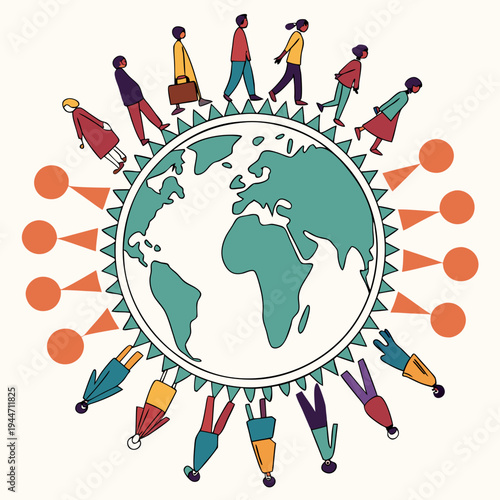 Over Population vector illustration with globe, earth and group of colorful diverse people - World Population Day