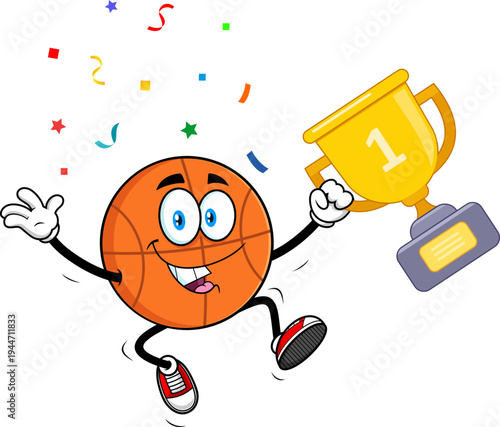 Happy Basketball Ball Cartoon Character Holding Trophy And Celebrating – Vector Hand Drawn Illustration Isolated On Transparent Background
