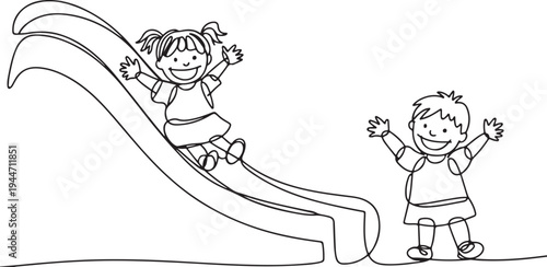 Joyful Children on a Playground Slide Line Art kids