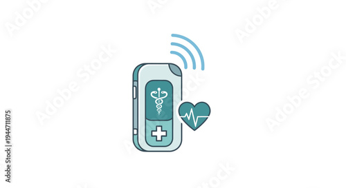 Wireless Medical Device Icon with Heartbeat Symbol and Healthcare Signal
