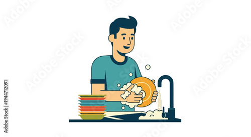 Man washing dishes illustration domestic chore daily routine