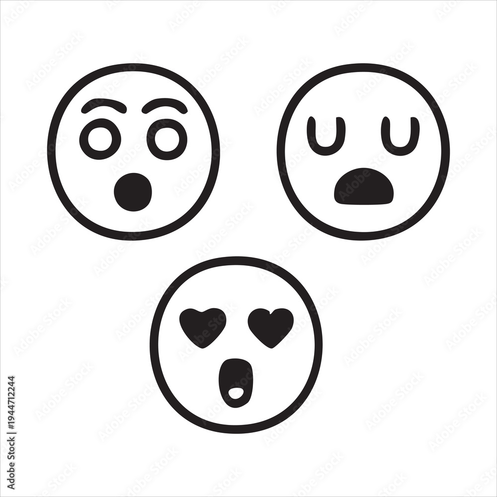Fototapeta premium Bold minimalist emoticon icons including surprised sleepy and love eyes characters in line style
