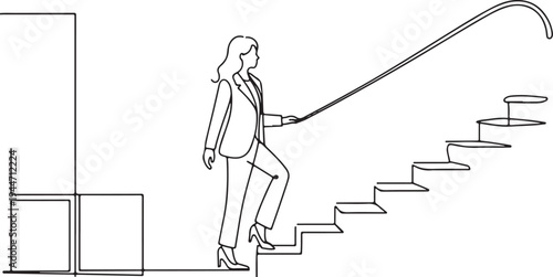 Woman in suit climbing stairs with graph bars business