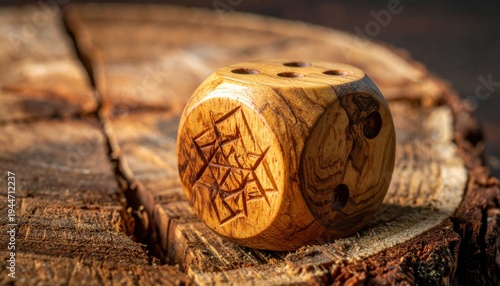 Intricately carved wooden dice with unique geometric patterns resting on a rustic wooden surface