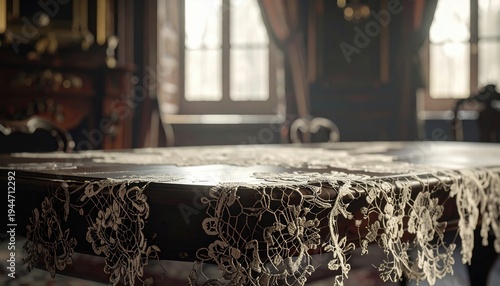 Intricate Lace Tablecloth with Complex Floral Patterns Spread Across a Dark Polished Surface in a Sunlit Room