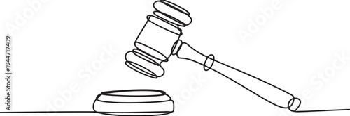 Single line art of a judge's gavel and sounding block