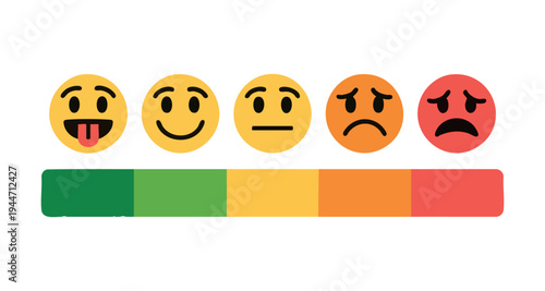 Customer satisfaction rating scale with five colorful emoji faces and corresponding color gradient bar