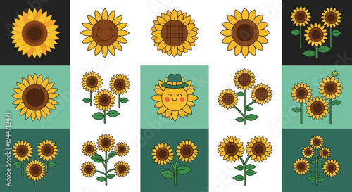 Collection of cute cartoon cacti with various happy facial expressions.