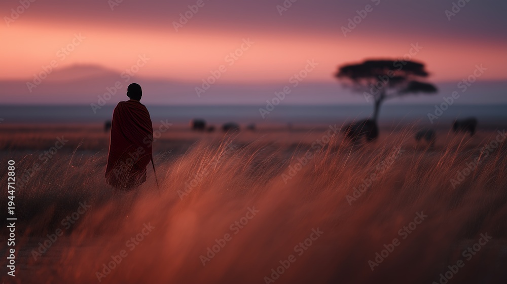 Obraz premium Silhouetted figure in vibrant attire gazes over vast savannah at sunset, with distant acacia trees and grazing wildlife.