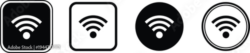 Set of black and white wireless internet wifi signal icons in square and circle frames for web design and mobile apps