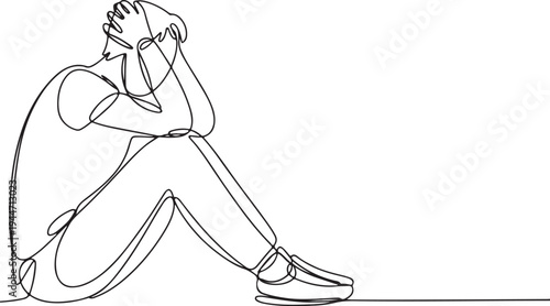 Single Line Drawing of a Man Sitting in Despair sadness