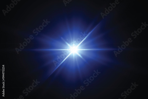 Bright Blue Lens Flare Effect. Abstract blue glow rays with soft illumination and light particles.