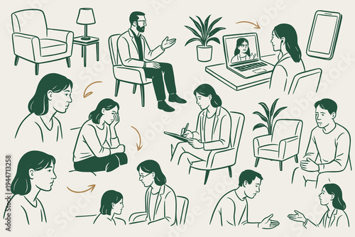 Psychotherapy collection of line art illustrations for mental health