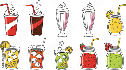 Refreshing Drink Illustrations with Soft Drinks, Milkshakes, Smoothies, and Lemonade for Beverage Designs.