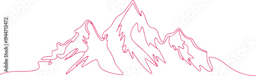 Red line art drawing of a jagged mountain range Keywords: mountain, range, peak, summit, drawing