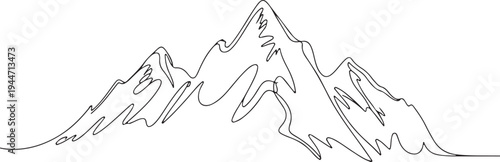 Black line art drawing of a jagged mountain range Keywords: mountain, range, peak, summit