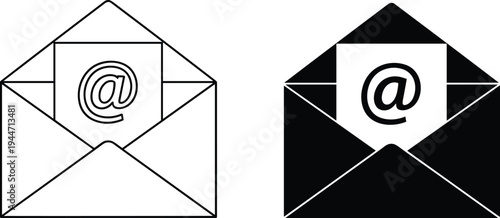 Email Envelope Icon Set with At Symbol Representative of Digital Communication Inbox Messages and Electronic Mail Marketing in Outline and Silhouette Styles