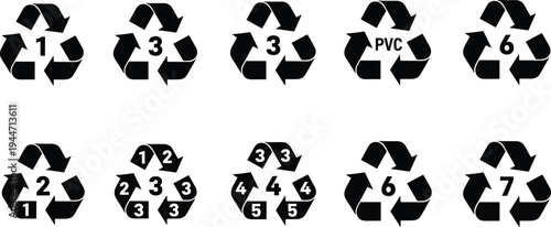 Recycling Symbols Set with Plastic Resin Codes and Material Identification Numbers for Eco Friendly Waste Management and Sustainability Vector Graphic Design