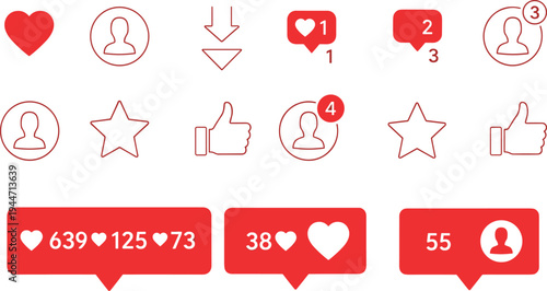 Red Social Media Icon Set with Heart Like Notification Bubbles Follower Symbols and Interface Elements for Digital Marketing and Vector Design
