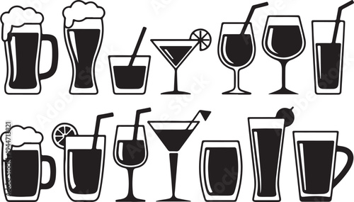 Assortment of drink glasses and mugs silhouettes for beverages and cocktails