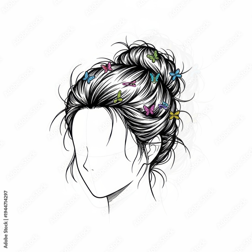 Naklejka premium Technical Line Art of Spiky Updo Scattered with Butterfly Clips 3/4