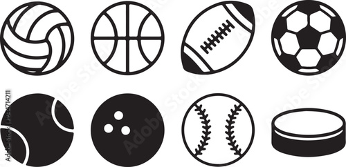 Diverse selection of sports balls and game equipment icons for athletic themed projects