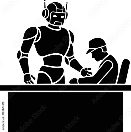 Robot and human worker collaborating at office desk, artificial intelligence help, technology partnership silhouette vector, futuristic automation concept, EPS 10 file