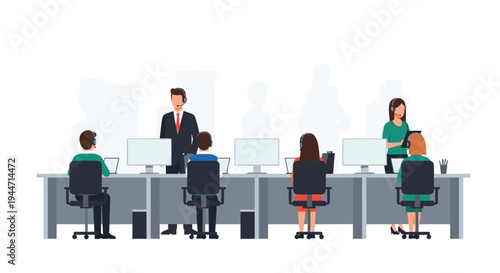 A call center scene shows five agents wearing headsets, seated at individual desks with computers, while a supervisor stands prominently in the center, all against a light gray background 