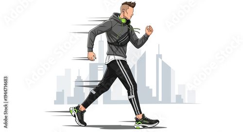 Man running in city with headphones and bum bag