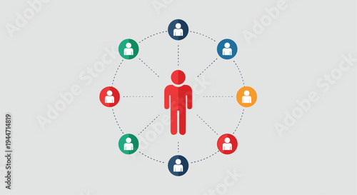 A large red human figure is centrally positioned, surrounded by eight smaller, multi-colored human icons connected by dashed lines on a light gray background.
