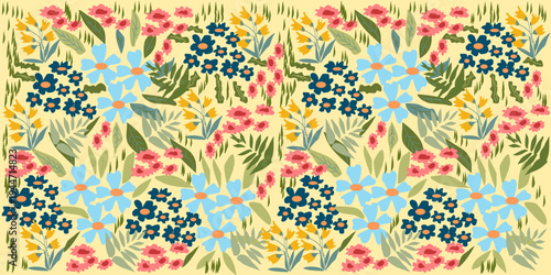 Maximalist hand-drawn seamless floral pattern with wildflowers and leaves