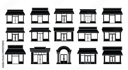 Fifteen distinct black store silhouettes with awnings and entryways are neatly arranged in a grid pattern on a plain white background.