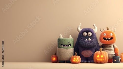 Cheerful 3D Clay Monsters with Halloween Pumpkins and Lanterns Decor