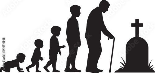Human life cycle progression from infancy to old age and eventual resting place