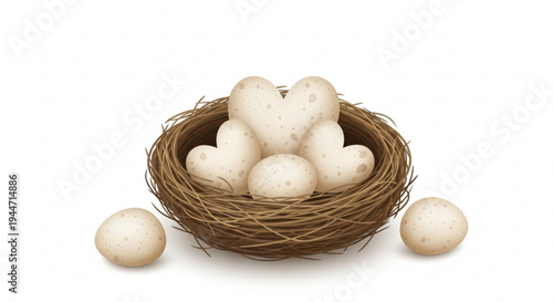 Brown bird nest with white eggs on transparent background isolated