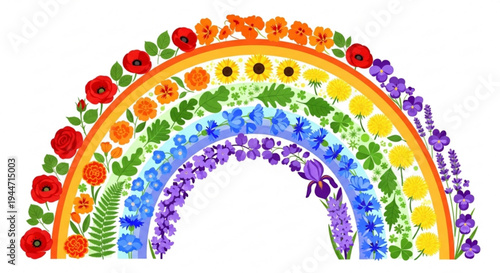 Vibrant floral rainbow with colorful flowers and leaves on transparent background