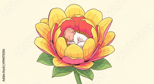 Baby sleeping peacefully inside a vibrant yellow and pink peony flower on transparent background