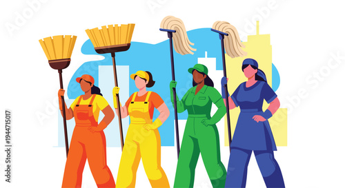 Four diverse women in colorful cleaning uniforms are standing side-by-side, each holding a broom or mop with a city skyline behind them.