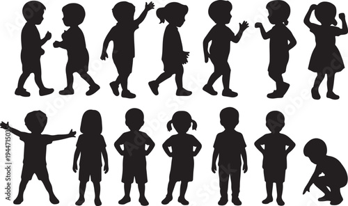 Numerous black silhouettes of young children engaged in various playful and natural postures