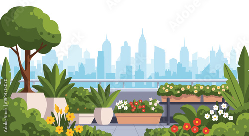 A vibrant rooftop garden filled with various potted plants, shrubs, and colorful flowers overlooks a clear blue city skyline with tall buildings.