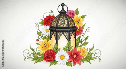 Vintage lantern with colorful flowers on transparent background