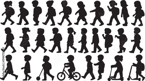 Set of active young children walking riding bicycles and scooters in different motions