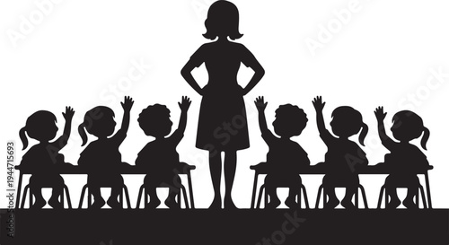 Teacher and young students in a classroom raising hands during lesson