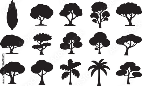 Collection of diverse tree silhouettes representing different species and natural forms