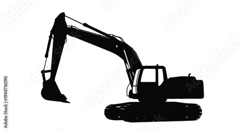 Black silhouette of a heavy excavator machine on a white background
